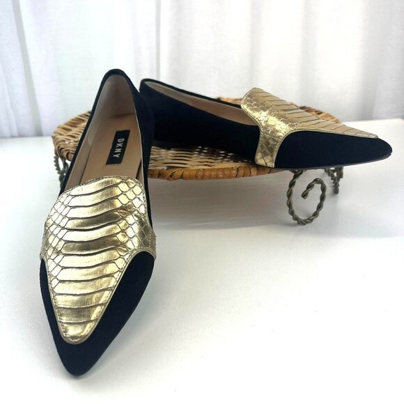 DKNY Dara Flats Leather Flip On Flats Pointed Toe Gold Crocodile Skin with Black - Picture 2 of 8